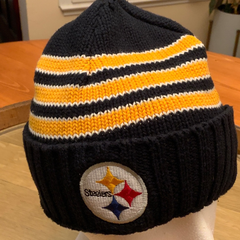 Black and Yellow Striped Beanie with Steelers Logo